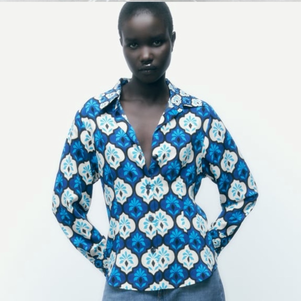 NWT Zara Printed Button Down Long Sleeve Blouse Shirt XS